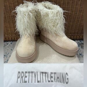 PRETTYLITTLETHING Cream Faux Fur Platform Ankle Boots